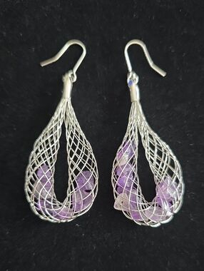 Silver Teardrop Wire Cage Earrings with Purple Gem Beads - Women Jewelry